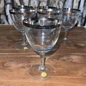 VTG Crystal Wine Glasses 4.25" Silver Rim W. Germany Set Of 6 1950's Lightweight